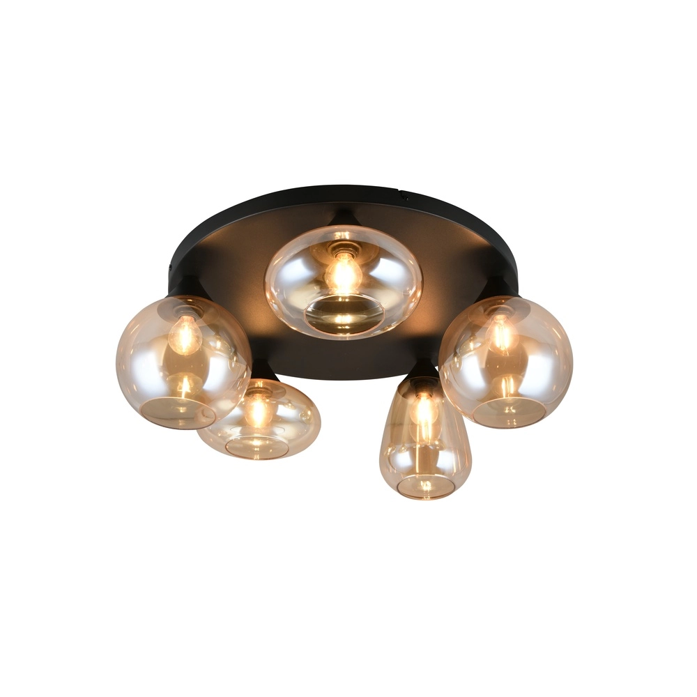 5-lichts plafondlamp Lumina zwart met amber glas