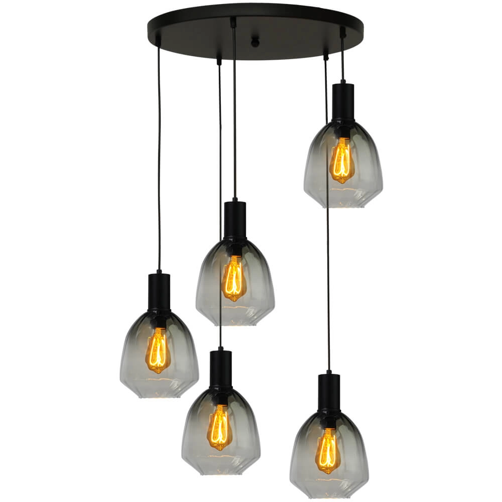 5-lichts vide hanglamp - zwart - Porto met Nicolette green glazen