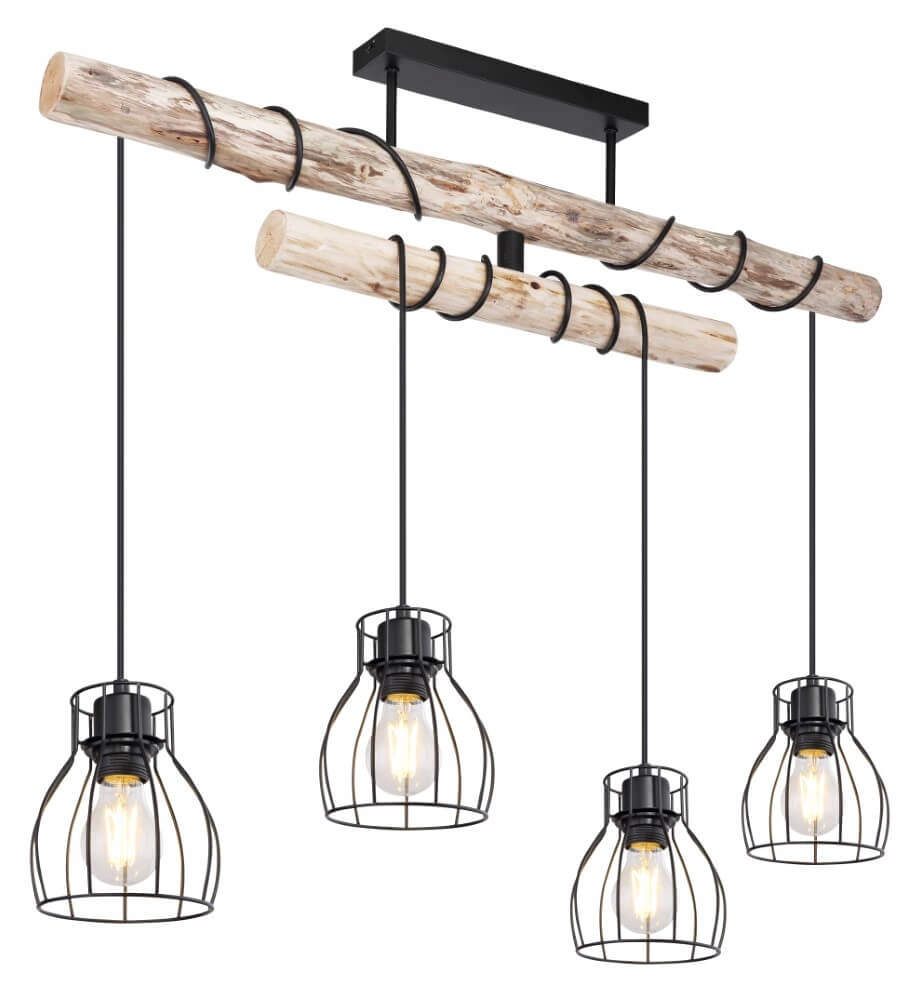 Hanglamp Mina zwart met hout 4-lichts variërend