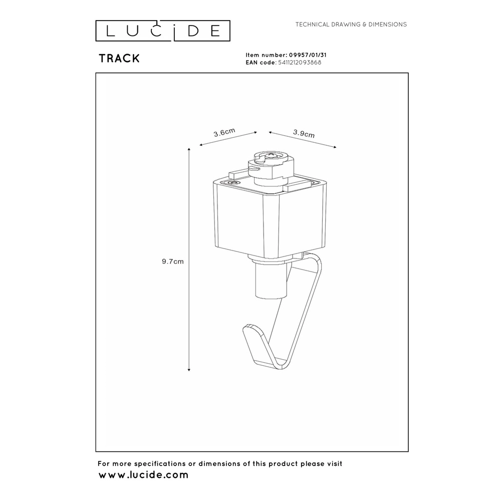 Rail hanglamp adapter Track 1-fase wit Lucide 5411212093868
