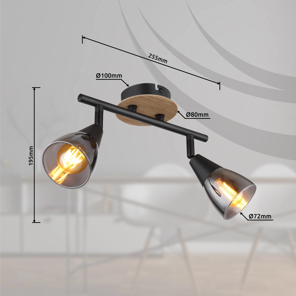 2-lichts plafondlamp Mubby zwart met houtlook Globo 9007371445868