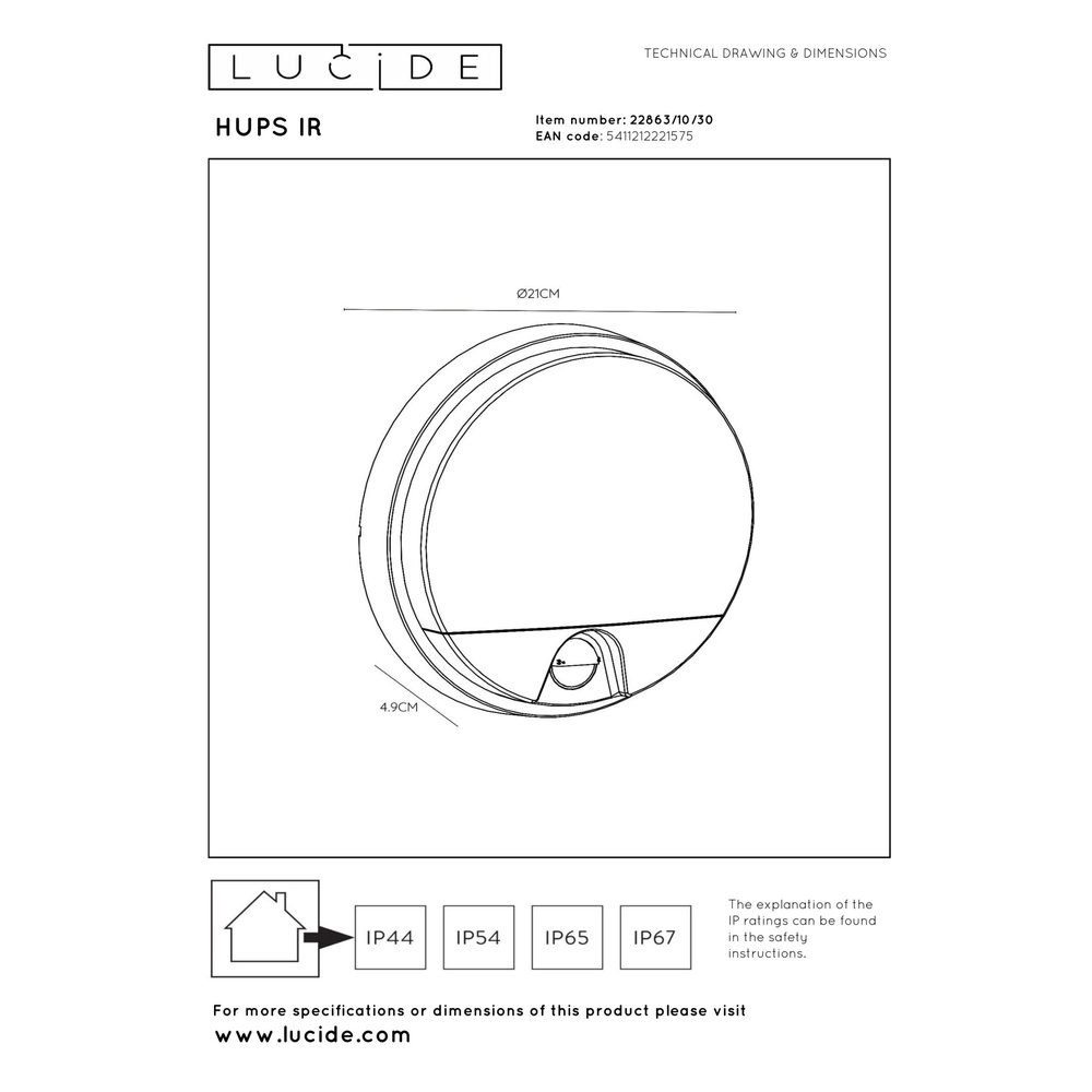 Strakke wandlamp Hups Ir Ø 21cm zwart met sensor Lucide 5411212221575