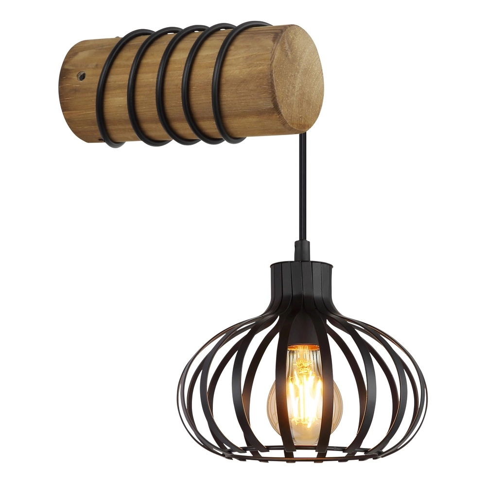 Landelijke wandlamp Caldwell zwart met hout