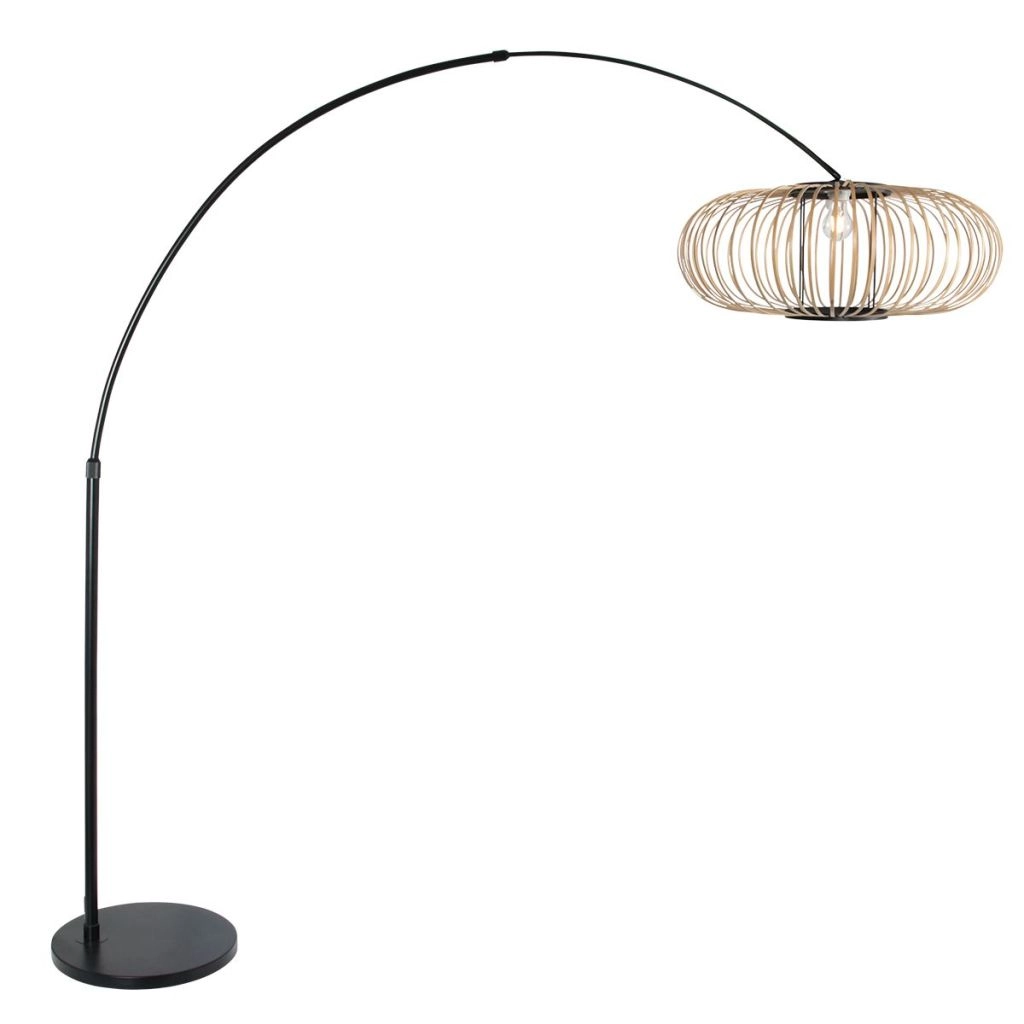 Zwarte booglamp Sparkled Light met bamboe kap Ø60cm