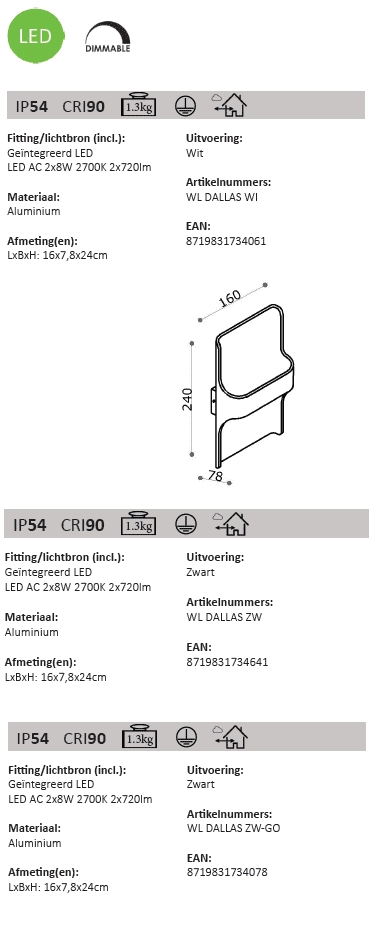Led buitenlamp Dallas Up - Down zwart Artdelight 8719831734641