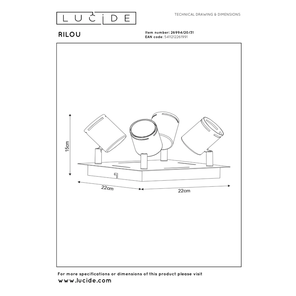 Plafondspot Rilou 4-lichts dimbaar wit Lucide 5411212261991