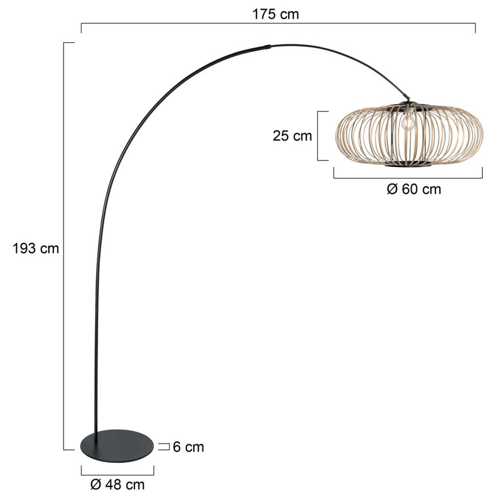 Booglamp zwart Curve met bamboe kap Ø60cm Steinhauer 8712746183122