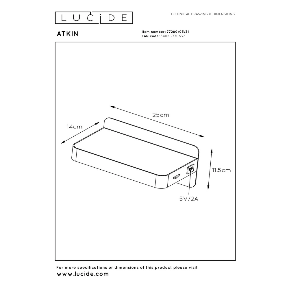 Bedlampje Atkin met USB oplaadpunt wit Lucide 5411212770837