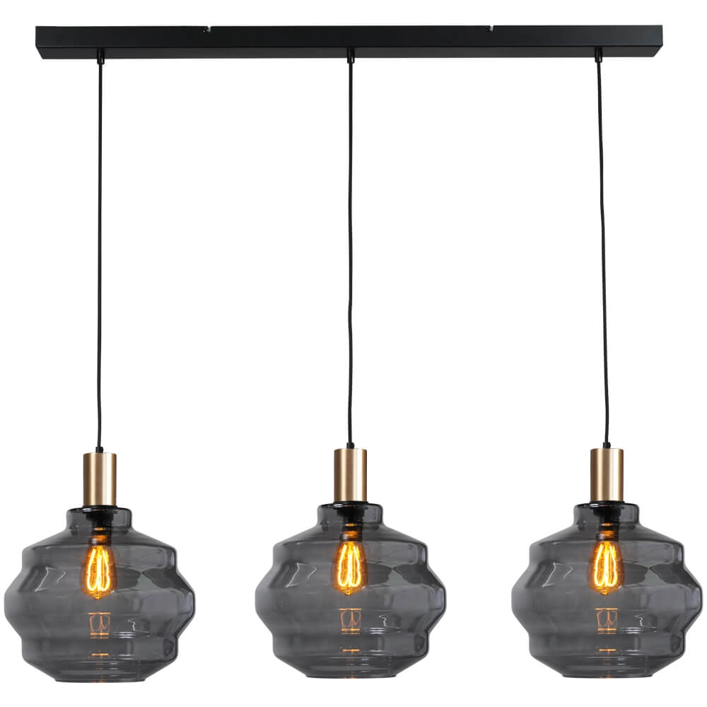 3-lichts hanglamp - goud - Porto met Ball smoke glazen - Ø 30cm