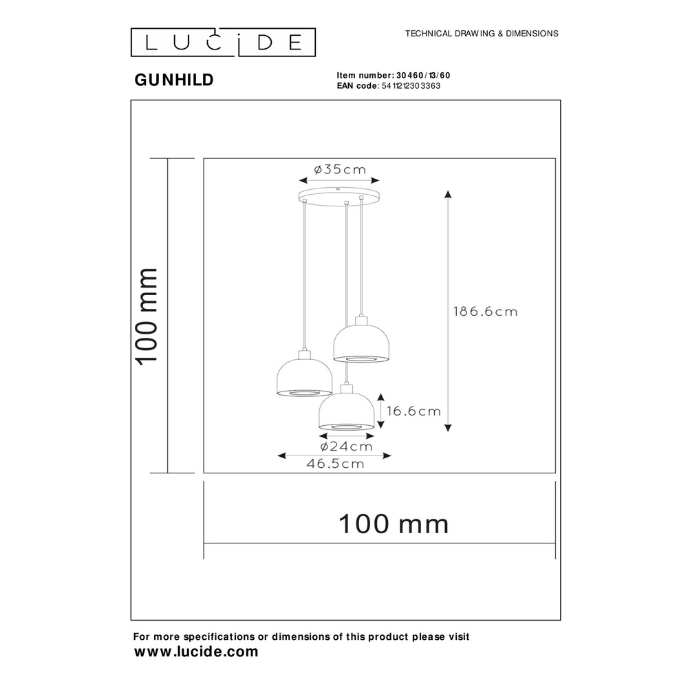 Design hanglamp Gunhild 3-lichts goud rond Lucide 5411212303363