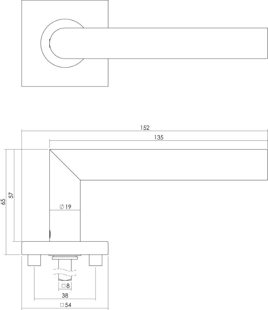 Strakke deurklink Hoek 90 vierkant rozet RVS Intersteel 8714186127728