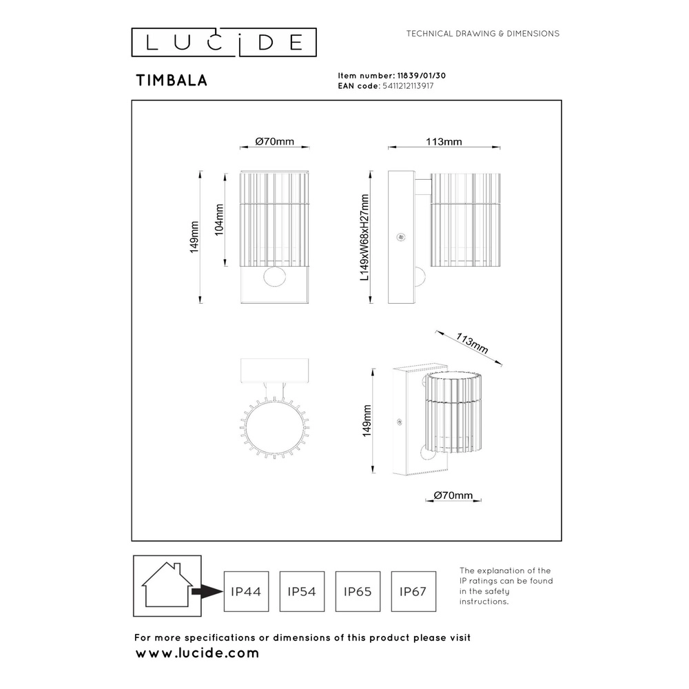 Zwarte wandlamp Timbala enkel met sensor Lucide 5411212113917