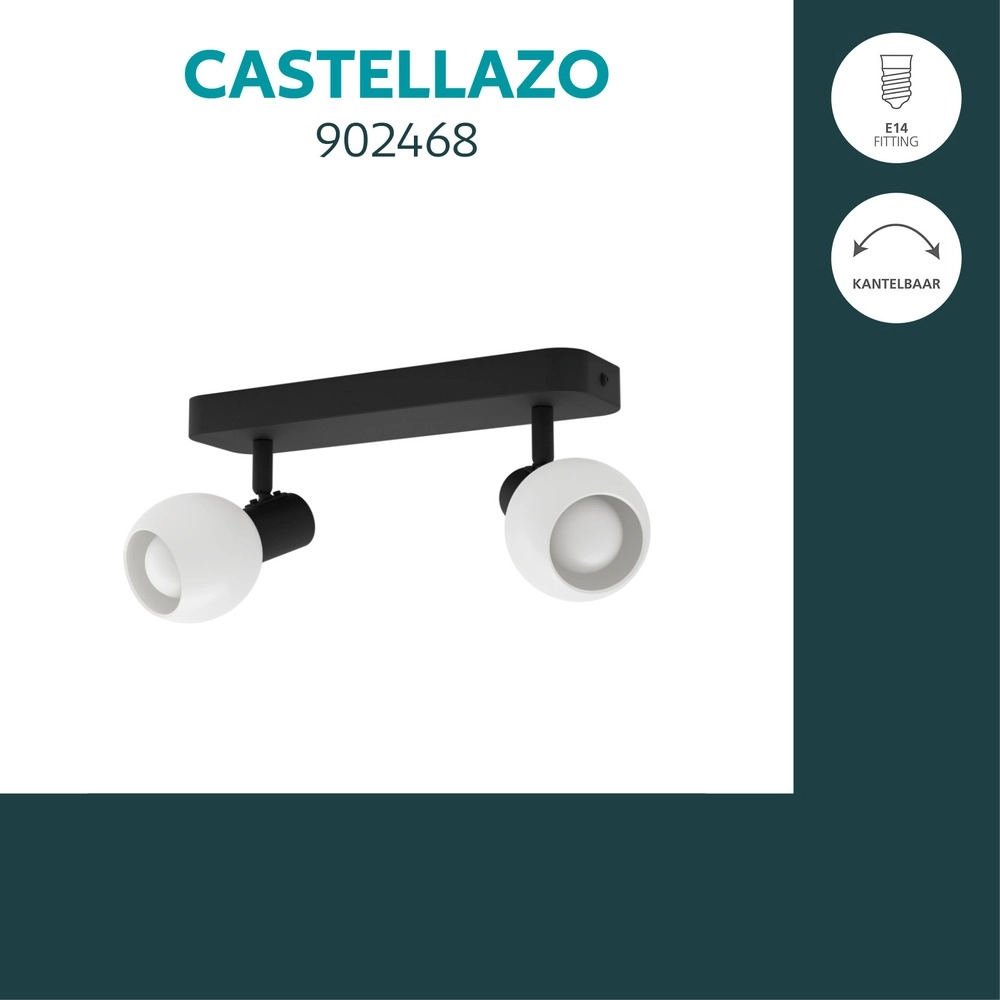 Plafondlamp Castellazo 2-lichts zwart met wit glas Eglo 9008606392131