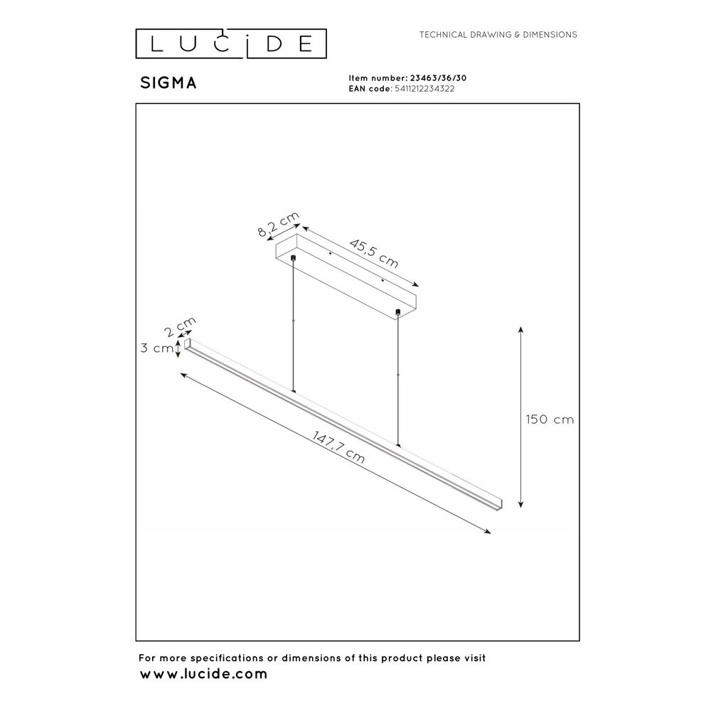 Strakke hanglamp Sigma zwart 147,7cm Lucide 5411212234322