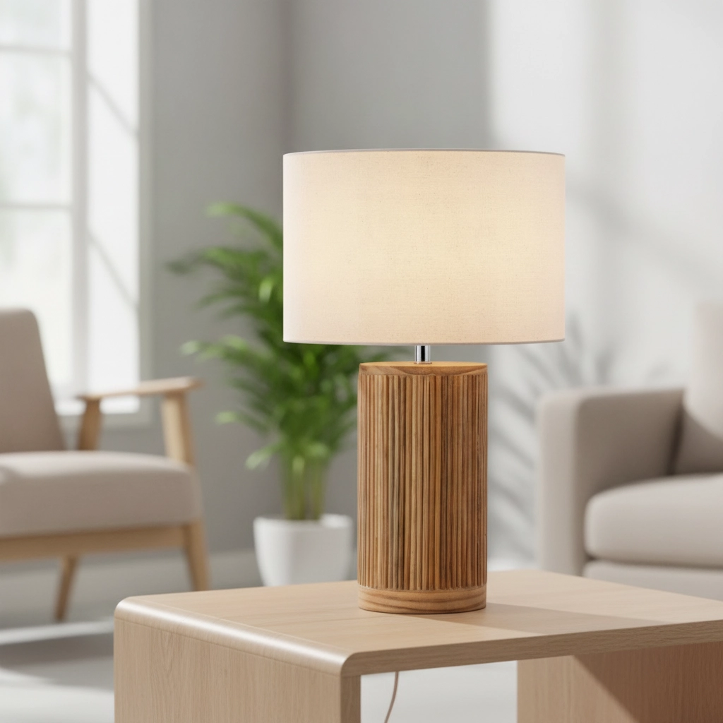 Schemerlamp Nau hout met witte kap