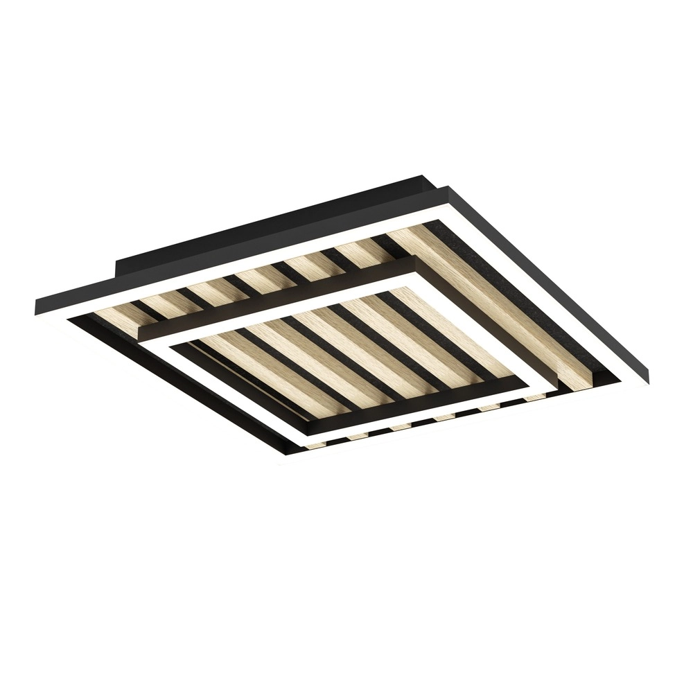 Moderne plafondlamp Cembrano zwart met hout vierkant 31,5 x 31,5cm
