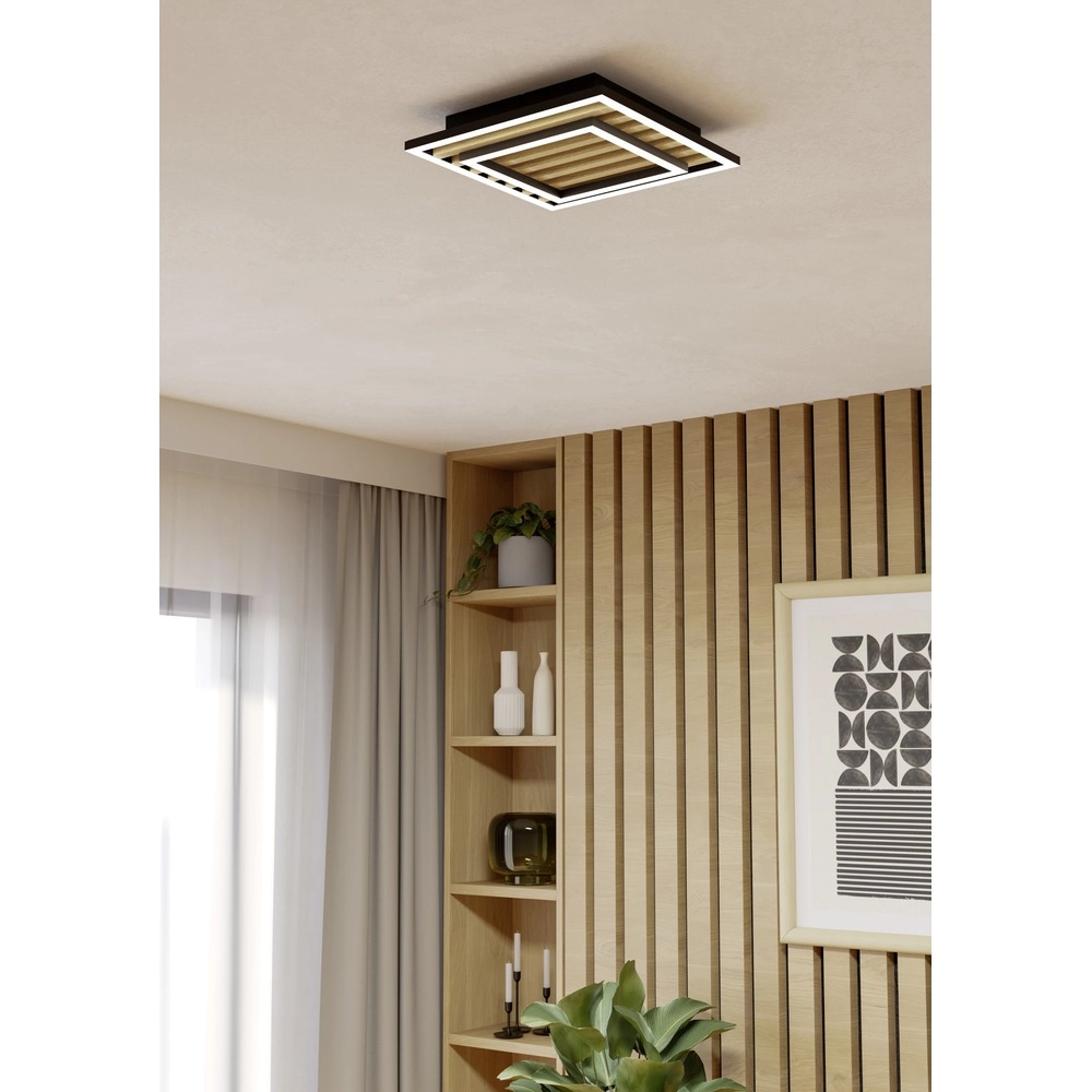 Moderne plafondlamp Cembrano zwart met hout vierkant 31,5 x 31,5cm Eglo 9008606388219