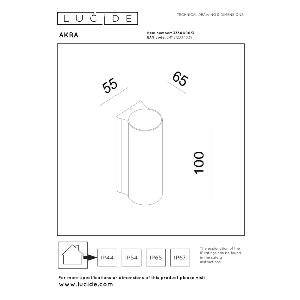 Design wandlamp Akra down wit IP54 Lucide 5411212334039