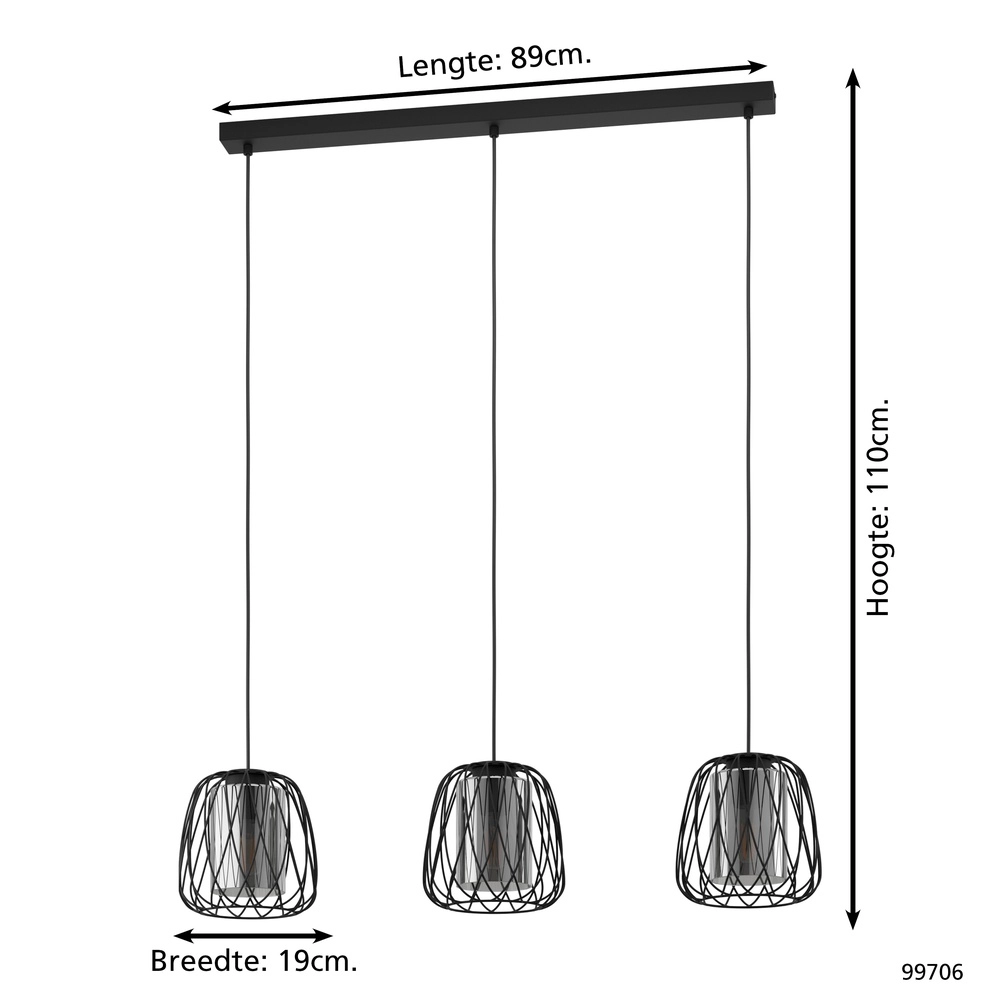 Draad hanglamp Floresta 3L - met smoke glas Eglo 9002759997069