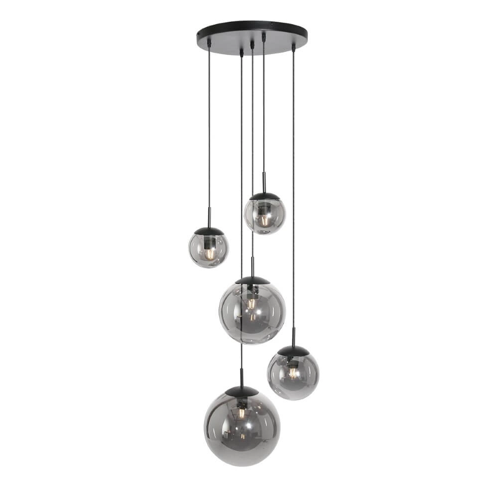 5-lichts vide hanglamp Bolique zwart met smoke glas
