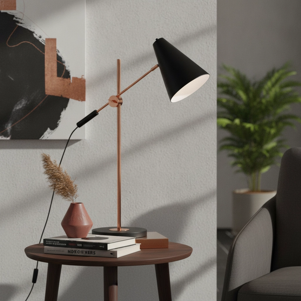 Strakke bureaulamp Obscur zwart met roodkoper