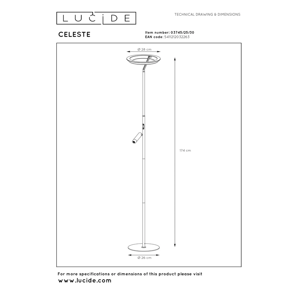 Design vloerlamp Celeste zwart Ø 28cm met leeslampje Lucide 5411212032263