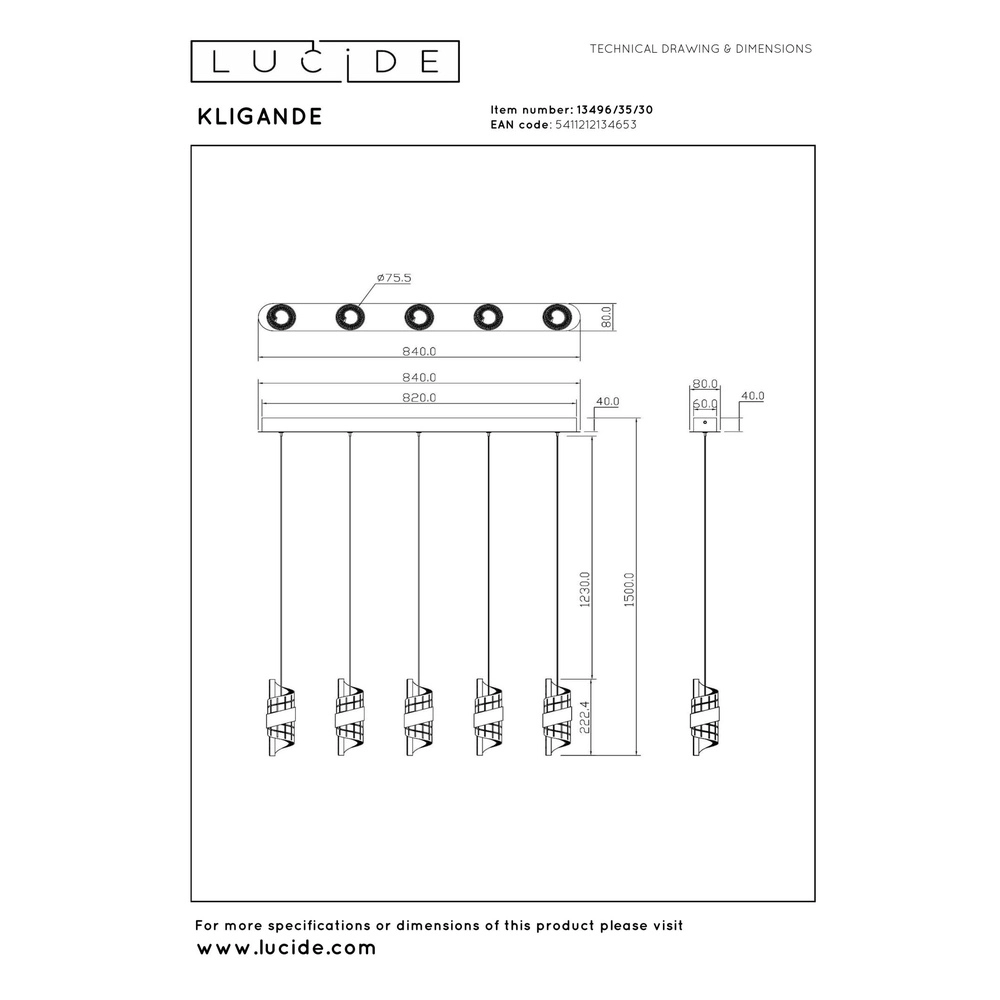 Design hanglamp Kligande 5-lichts zwart recht Lucide 5411212134653