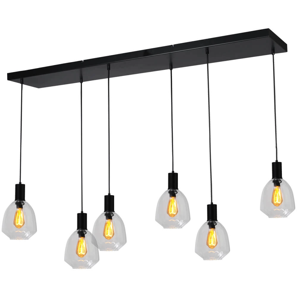6-lichts hanglamp - zwart - Porto met Nicolette clear glazen