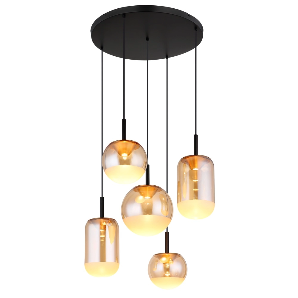 Design hanglamp Severin 5-lichts zwart met amber glas
