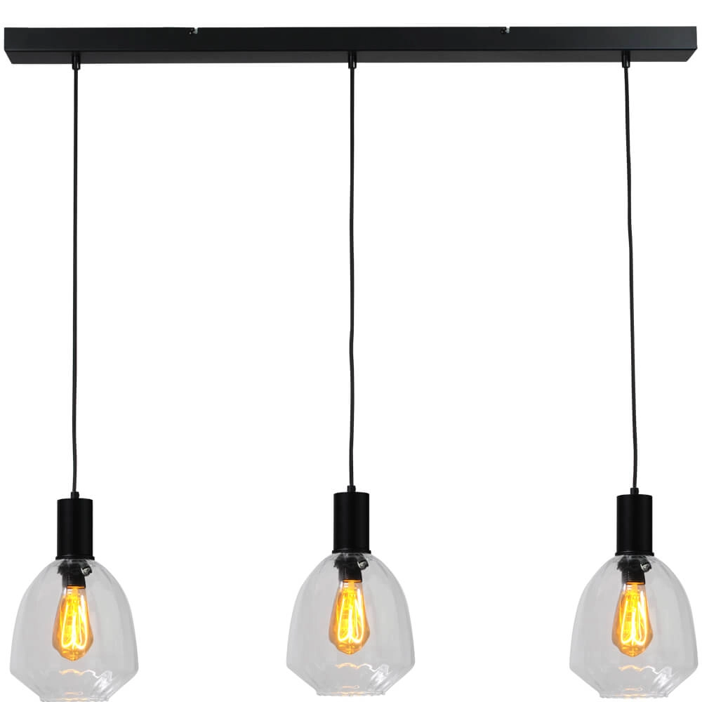3-lichts hanglamp - zwart - Porto met Nicolette clear glazen