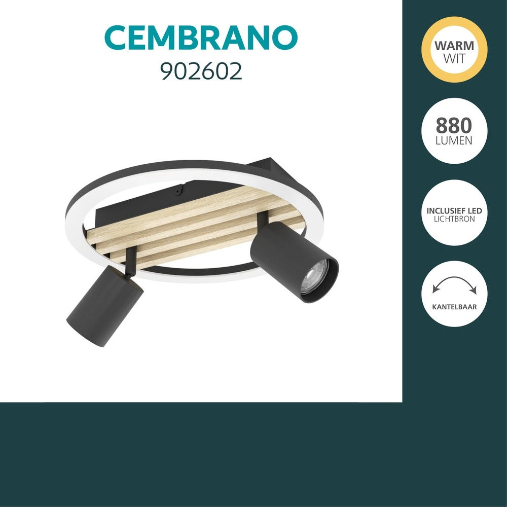 Moderne plafondlamp Cembrano 2-lichts zwart met hout Eglo 9008606388264