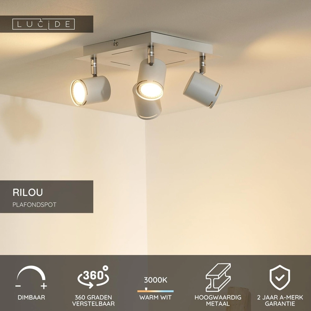 Plafondspot Rilou 4-lichts dimbaar wit Lucide 5411212261991
