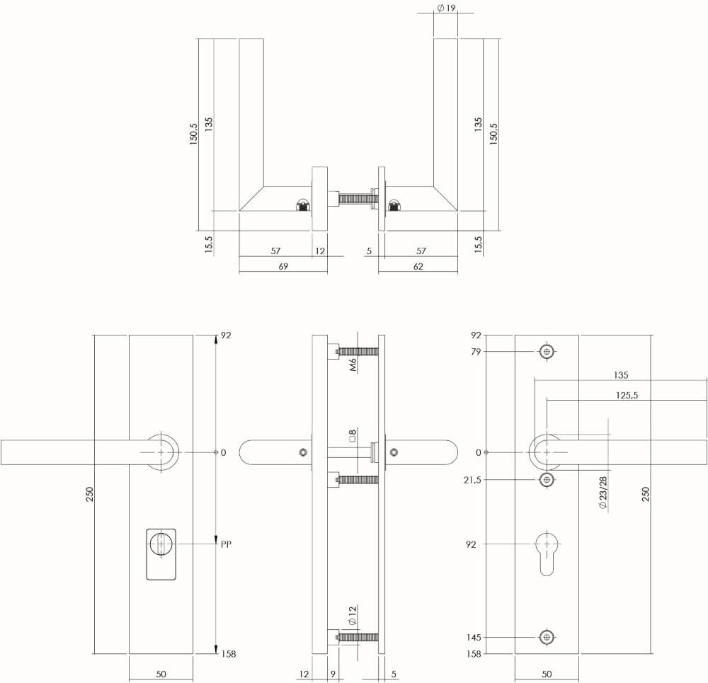 Achterdeurbeslag Aurano kerntrekbeveiliging PC 92mm recht zwart Intersteel 8714186428290