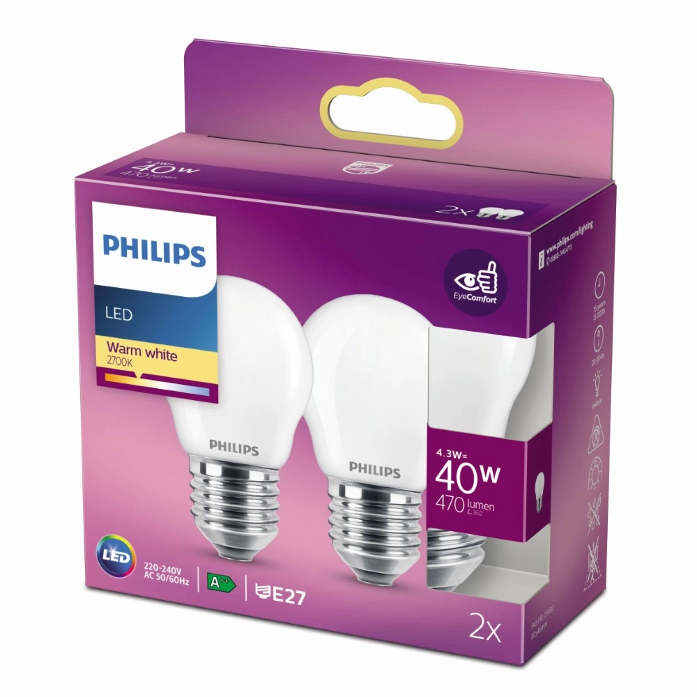 Lichtbron kogel 4,3W - E27 - 2700K - 470 lumen set van 2