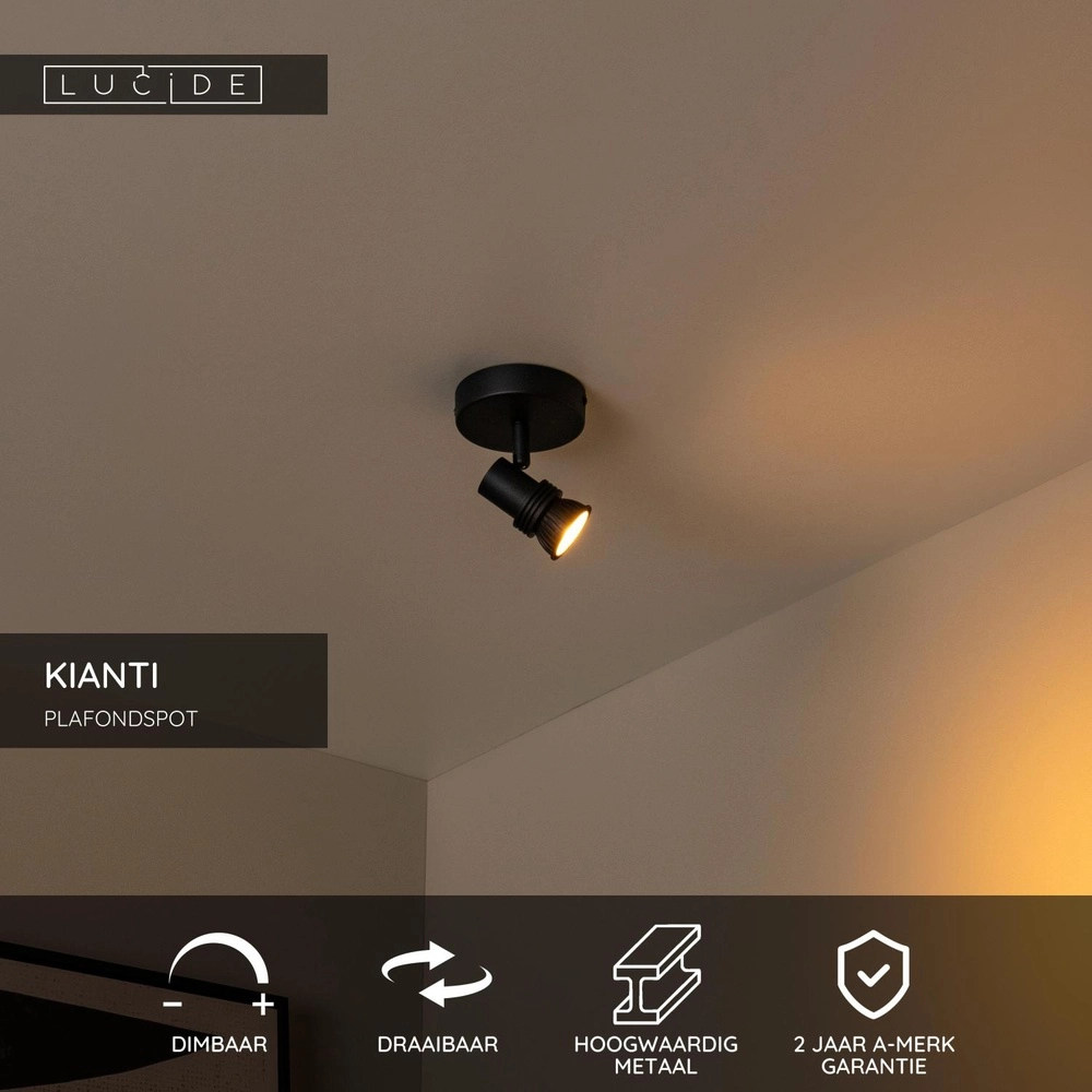 Plafondspot Kianti enkel zwart Lucide 5411212530851