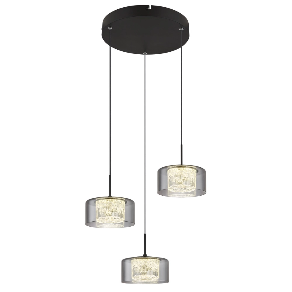 Design hanglamp Fogsy 3-lichts zwart met smoke glas