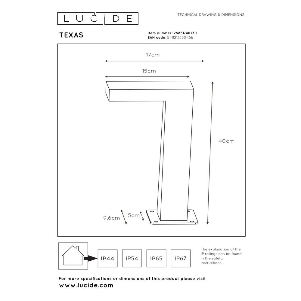 Sokkellamp Texas 40cm antraciet Lucide 5411212280466