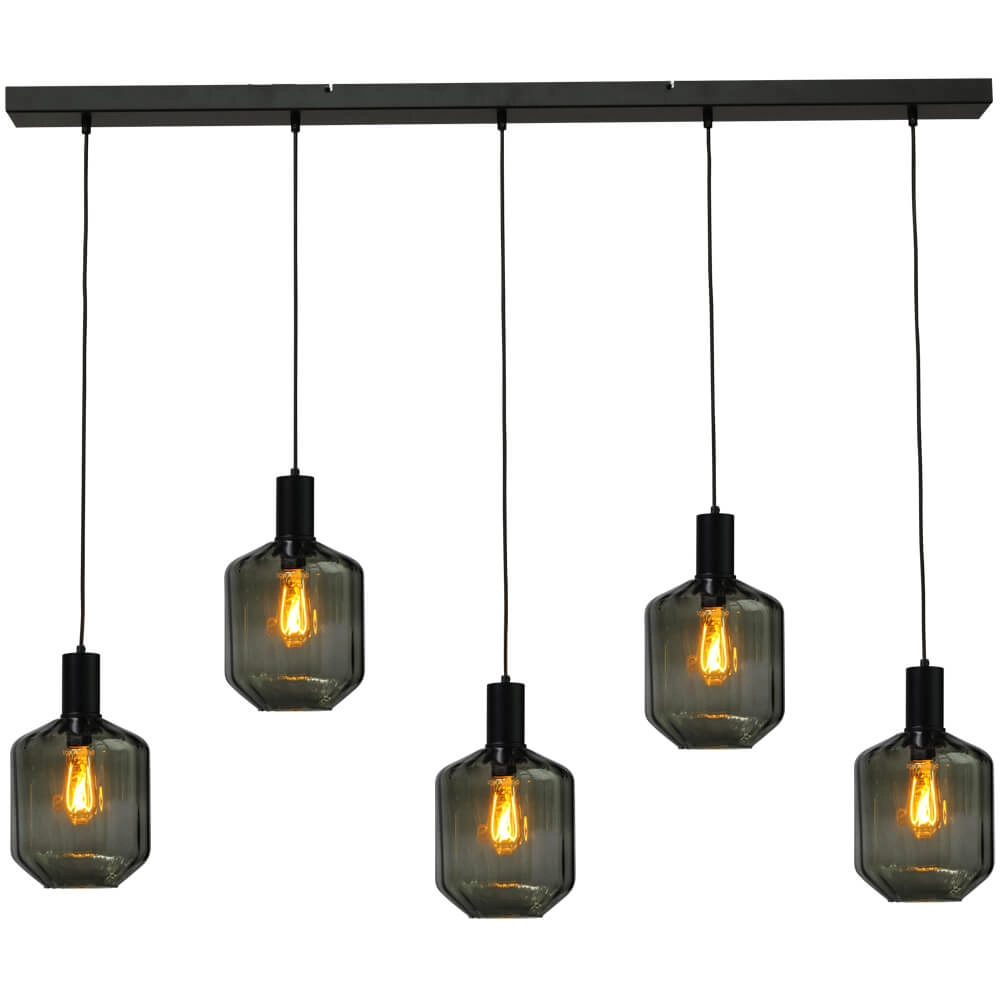 5-lichts hanglamp - zwart - Porto met Jagger green glazen