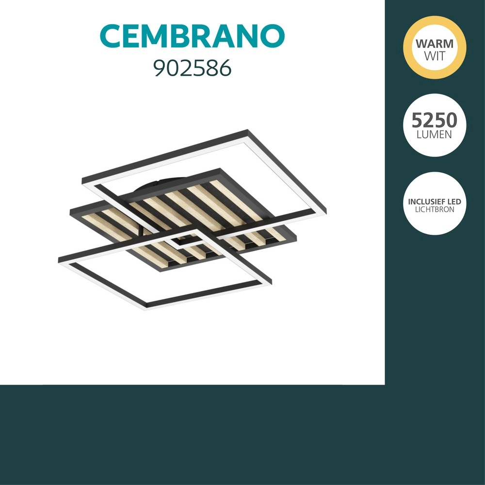 Moderne plafondlamp Cembrano vierkant zwart met hout Eglo 9008606388127