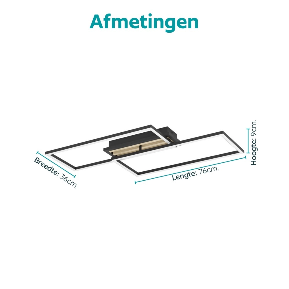 Moderne plafondlamp Cembrano rechthoek zwart met hout Eglo 9008606388110