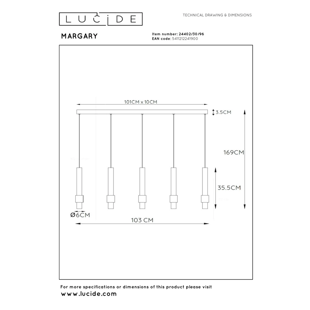 Strakke hanglamp Margary 5-lichts koffie bruin Lucide 5411212241900