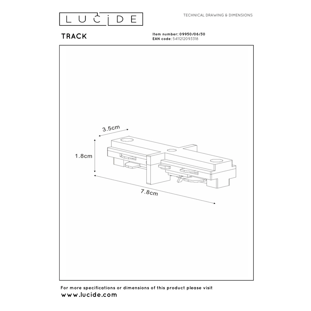 Rail connector recht Track 1-fase zwart Lucide 5411212093318