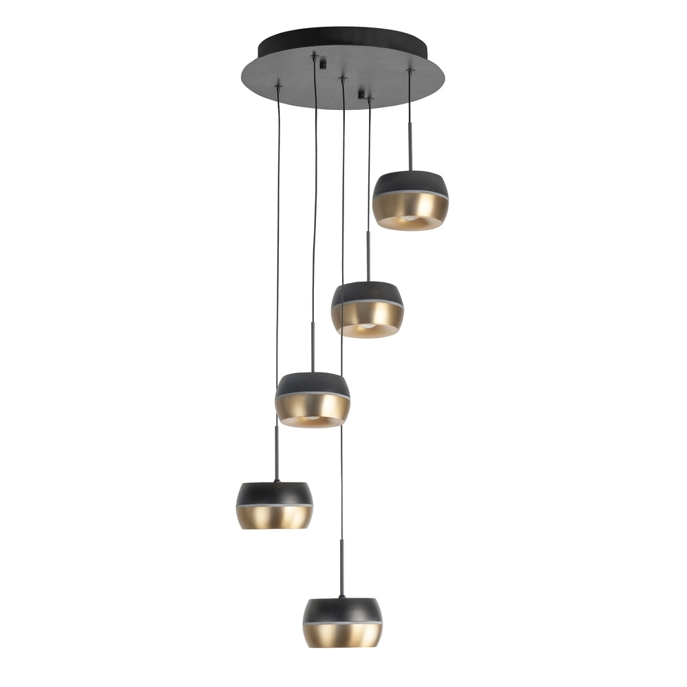 5-lichts hanglamp Nova rond zwart met goud