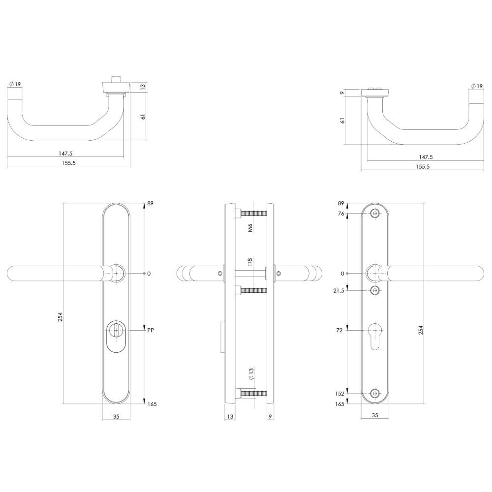 Achterdeurbeslag Aurano kerntrekbeveiliging smal PC 72mm RVS Intersteel 8714186395400