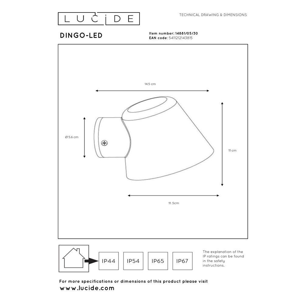 Wandspot Dingo-Led IP44 antraciet Lucide 5411212143815