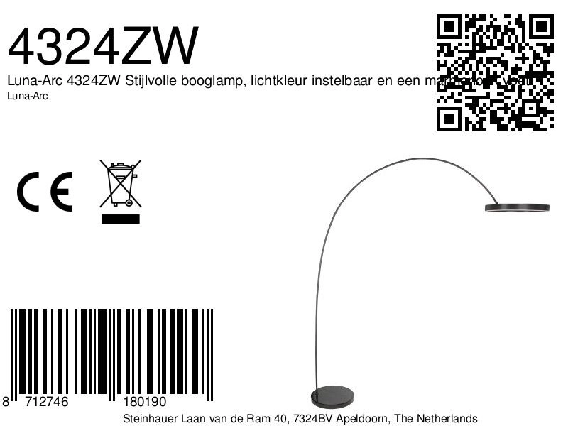 Moderne booglamp Luna-Arc zwart Steinhauer 8712746180190