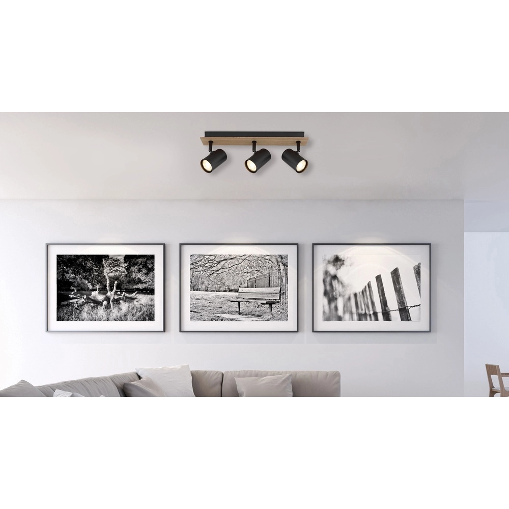 Plafondlamp Linca 3-lichts zwart met hout Globo 9007371455942