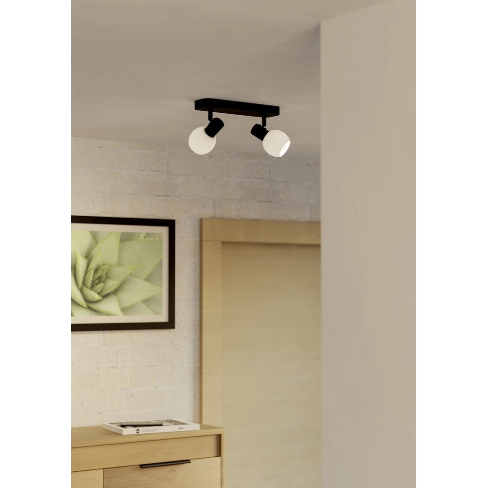 Plafondlamp Castellazo 2-lichts zwart met wit glas Eglo 9008606392131