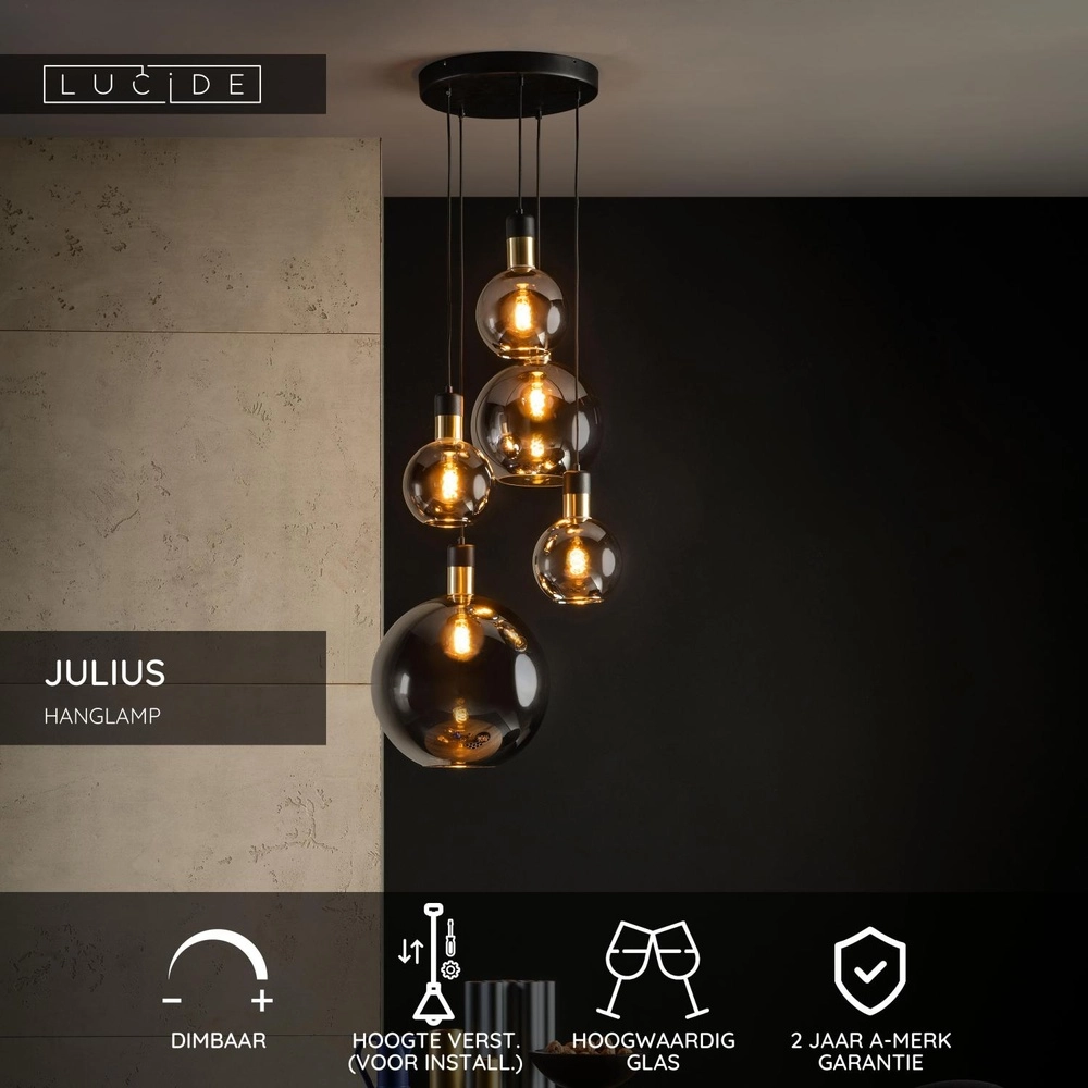 5-lichts hanglamp Julius smoke glas Lucide 5411212343451