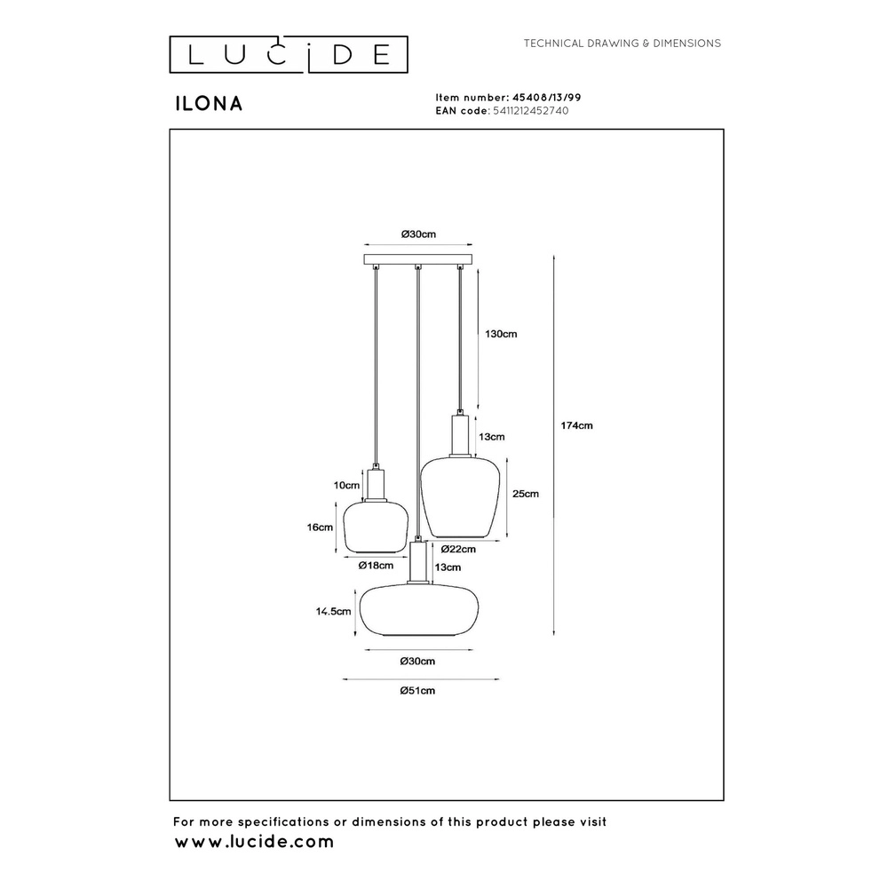 3-lichts hanglamp Ilona zwart met gekleurde glazen Lucide 5411212452740